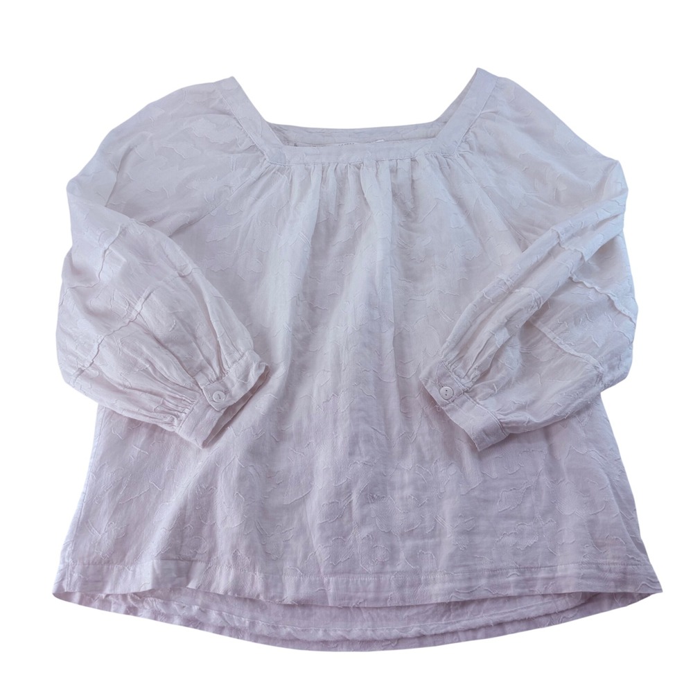 Kaktus White Floral Embroidered Peasant Blouse Square Neck Cotton Top Medium